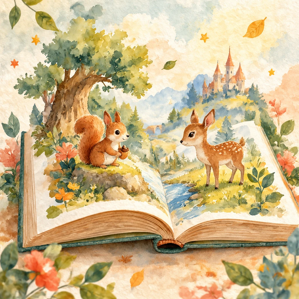 An open children’s storybook showing a moonlit forest and floating garden