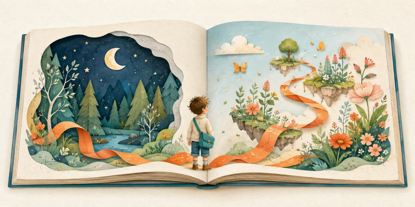 A personalized storybook example with an illustrated moonlit forest and floating garden